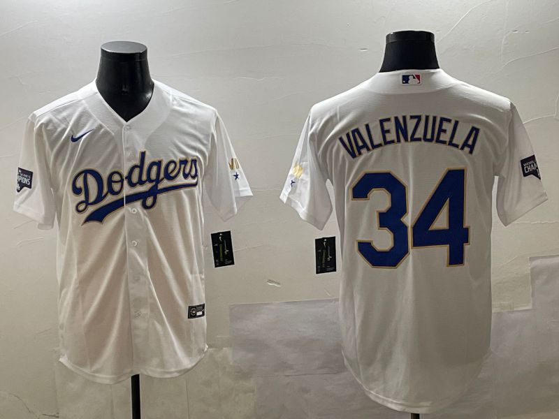 Men Los Angeles Dodgers 34 Valenzuela White blue Gold Game 2025 Nike MLB Jersey style 5